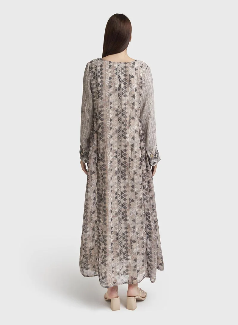 Kashkha  Grey Geometric Print Chiffon Tiered Maxi Dress (VW301) for Women | Best Price UAE