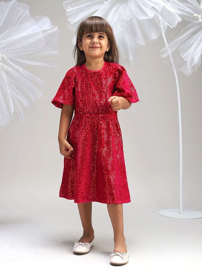 BONKIDS Red Flared Sleeve Fit & Flare Dress - Image 1