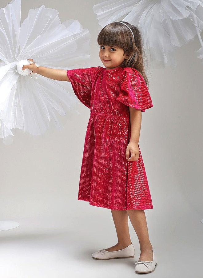 BONKIDS Red Flared Sleeve Fit & Flare Dress - Image 4