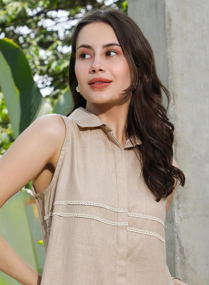 QISSA Women's Sand Beige Lined Linen-Blend Kurta Set