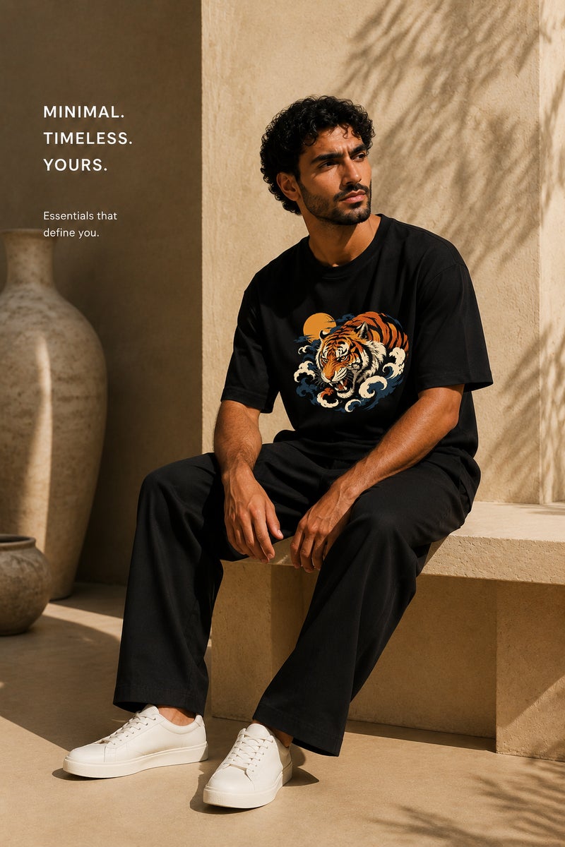 Men's Black Oversized Tiger Graphic T-Shirt Casual Short Sleeve Crew Neck Streetwear Tee - Image 4