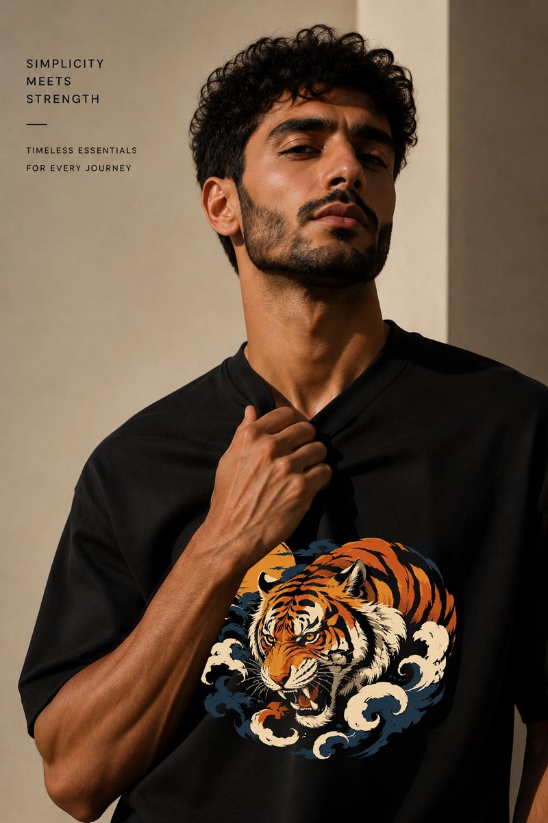 Men's Black Oversized Tiger Graphic T-Shirt Casual Short Sleeve Crew Neck Streetwear Tee - Image 5