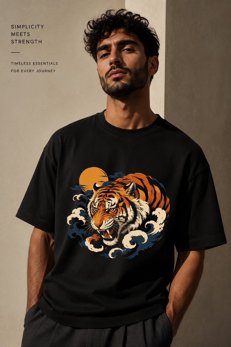 Men's Black Oversized Tiger Graphic T-Shirt Casual Short Sleeve Crew Neck Streetwear Tee - Image 1