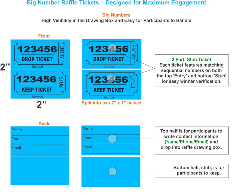 Tacticai 800 Raffle Tickets, 8 Colors (100 Each), Double Stub Tickets for Events, Rewards, Fundraisers & Prizes - Image 2