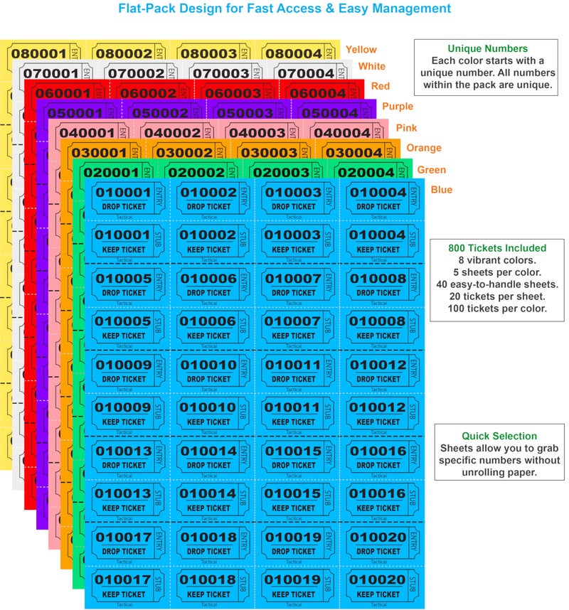 Tacticai 800 Raffle Tickets, 8 Colors (100 Each), Double Stub Tickets for Events, Rewards, Fundraisers & Prizes - Image 4