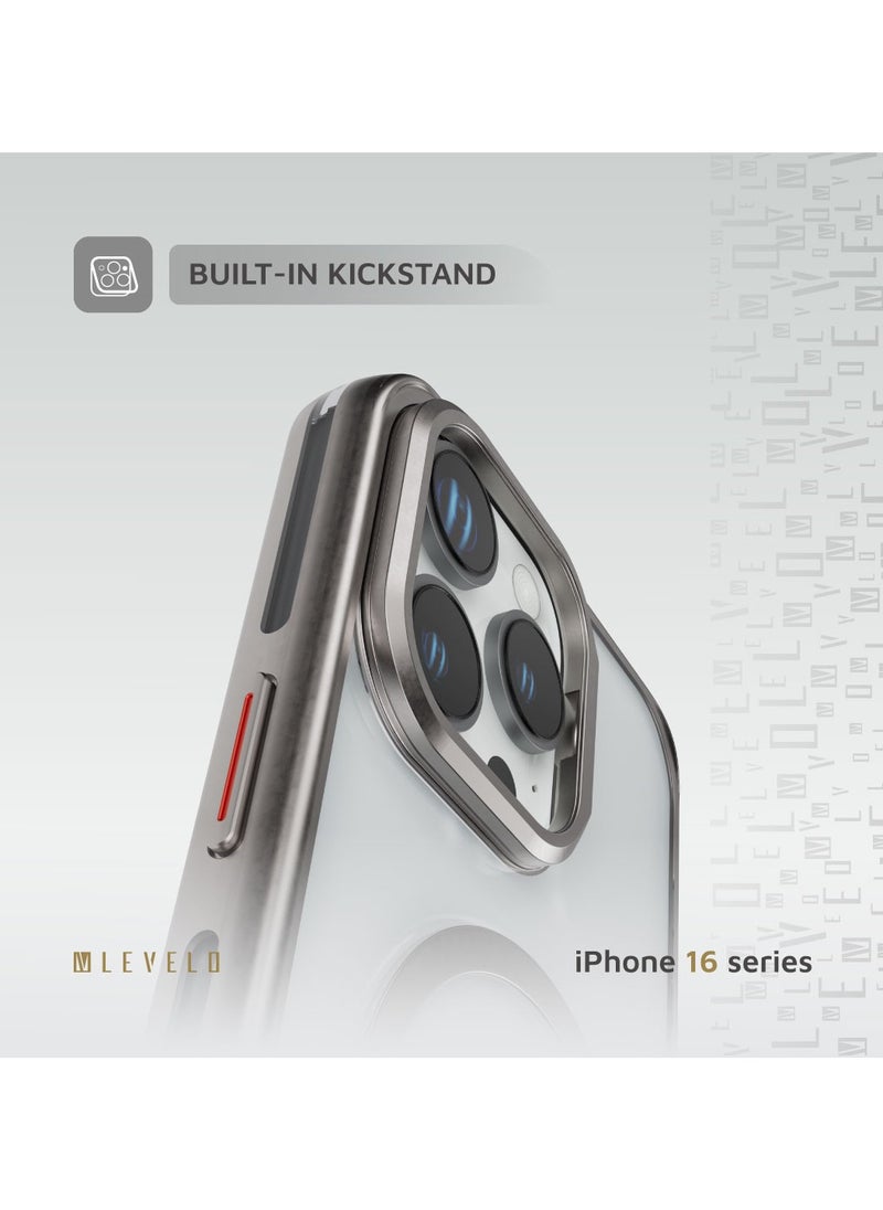 iPhone 16 Pro Max Case Elio PC Cover with Camera Ring Stand / Metal Camera Ring / MagSafe Compatible / Anti-Yellowing / Ultra-Thin Design- Titanium / PC Material / Built-in Kickstand - Titanium