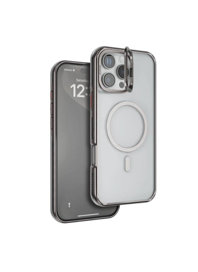 iPhone 16 Pro Max Case Elio PC Cover with Camera Ring Stand / Metal Camera Ring / MagSafe Compatible / Anti-Yellowing / Ultra-Thin Design- Titanium / PC Material / Built-in Kickstand - Titanium