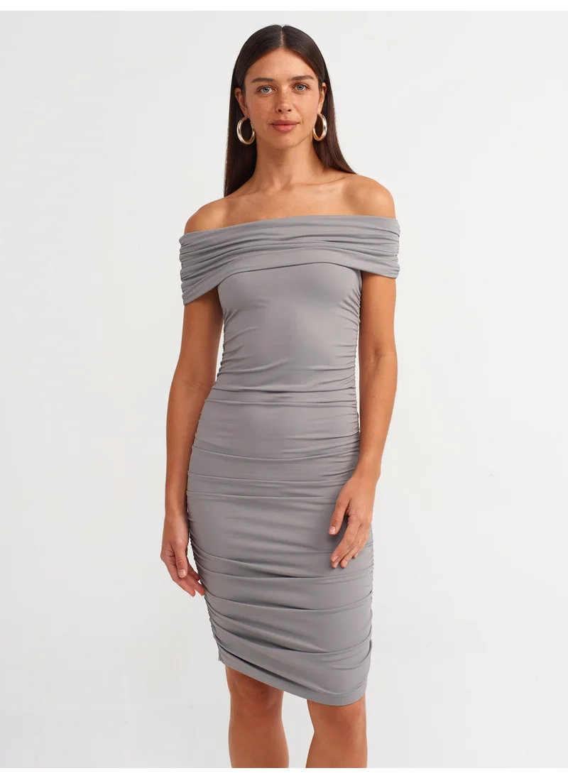 Dilvin 91153 Off Shoulders Gathered Mini Dress-Grey