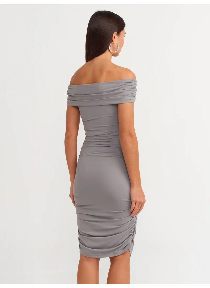 ديلفين 91153 Off Shoulders Gathered Mini Dress-Grey