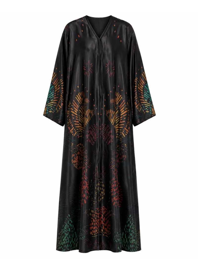 Amnad International Luxury Printed Abaya for Women with Matching Hijab, Satin Silk Finish, Sizes 52-60 inches