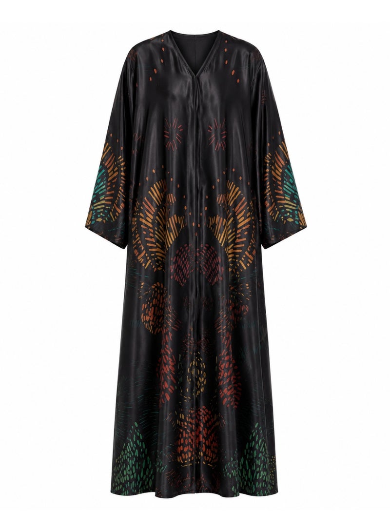 Amnad International Luxury Printed Abaya for Women with Matching Hijab, Satin Silk Finish, Sizes 52-60 inches - Image 1