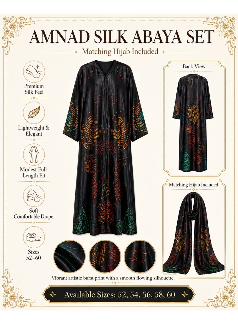 Amnad International Luxury Printed Abaya for Women with Matching Hijab, Satin Silk Finish, Sizes 52-60 inches - Image 5
