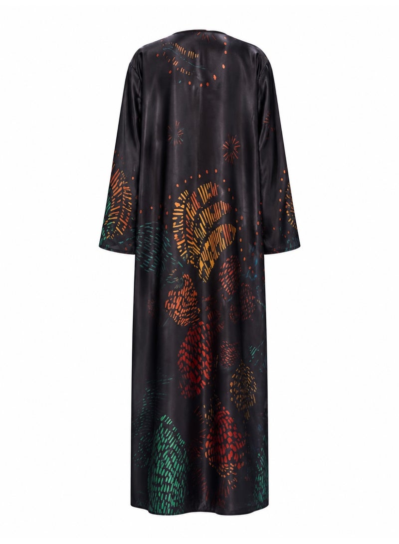 Amnad International Luxury Printed Abaya for Women with Matching Hijab, Satin Silk Finish, Sizes 52-60 inches - Image 3