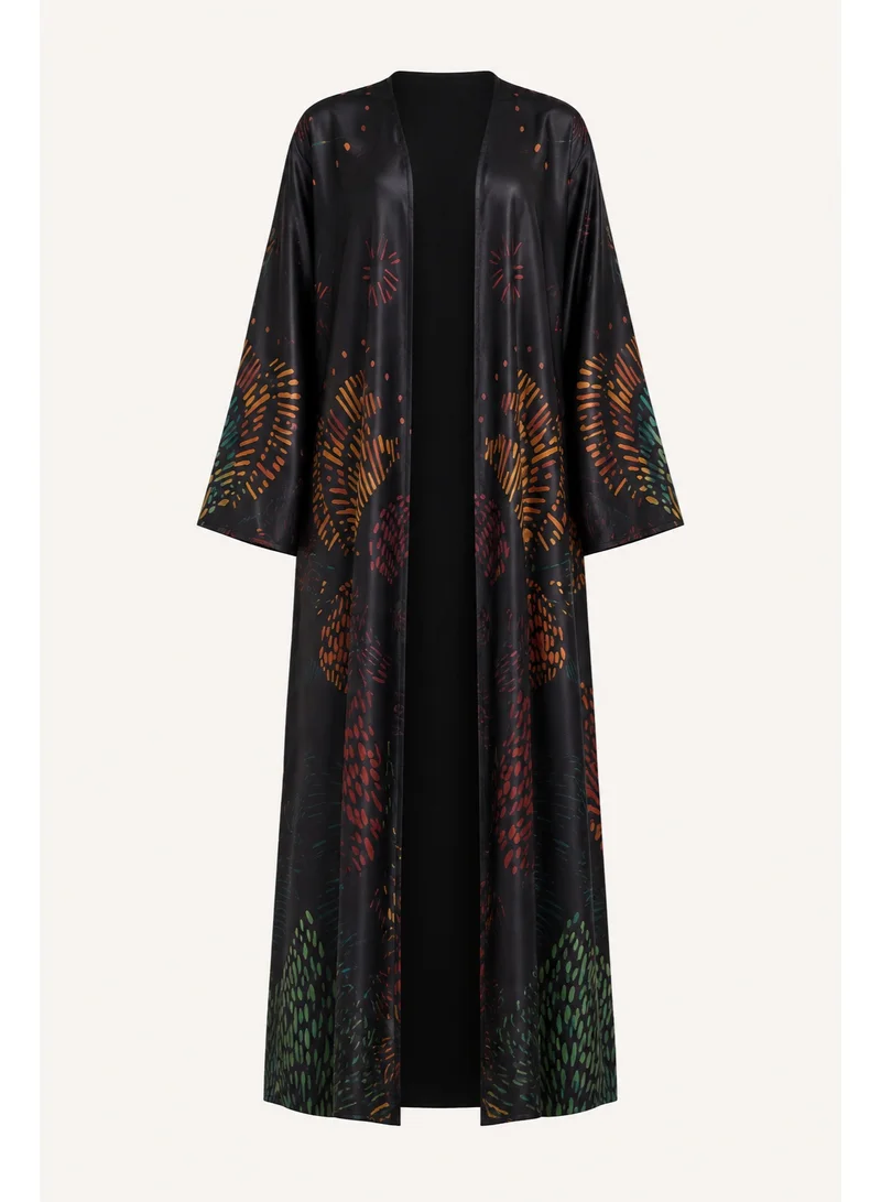Amnad International Luxury Printed Abaya for Women with Matching Hijab, Satin Silk Finish, Sizes 52-60 inches