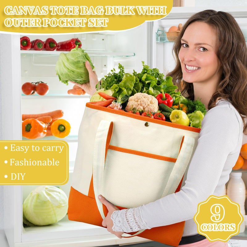 Sanwuta 9 Pack Canvas Tote Bags with Outer Pocket Large Reusable Grocery Shopping Travel Blank Tote Bag for Women Mother(Bright Colors) - Image 5