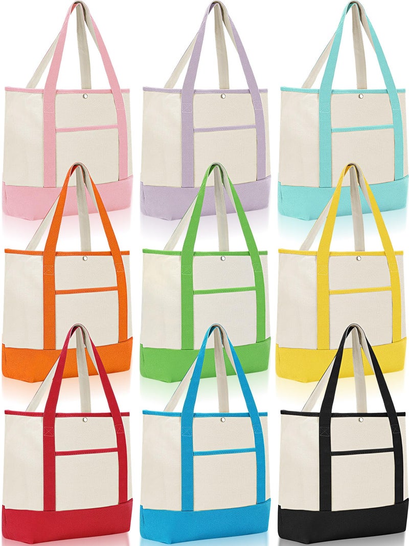 Sanwuta 9 Pack Canvas Tote Bags with Outer Pocket Large Reusable Grocery Shopping Travel Blank Tote Bag for Women Mother(Bright Colors) - Image 1