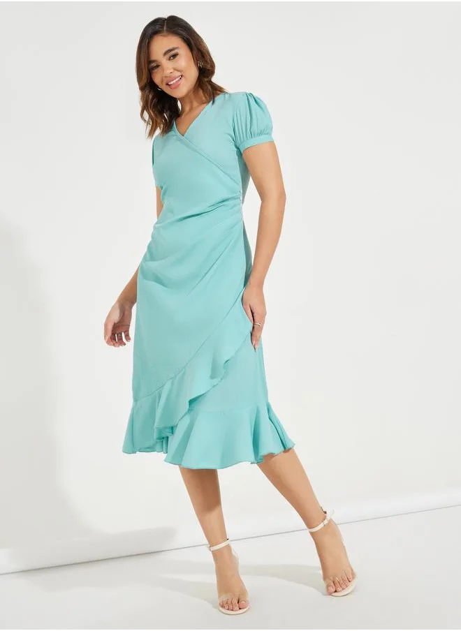 Styli Ruffled Mock Wrap Midi Dress with Puff Sleeve