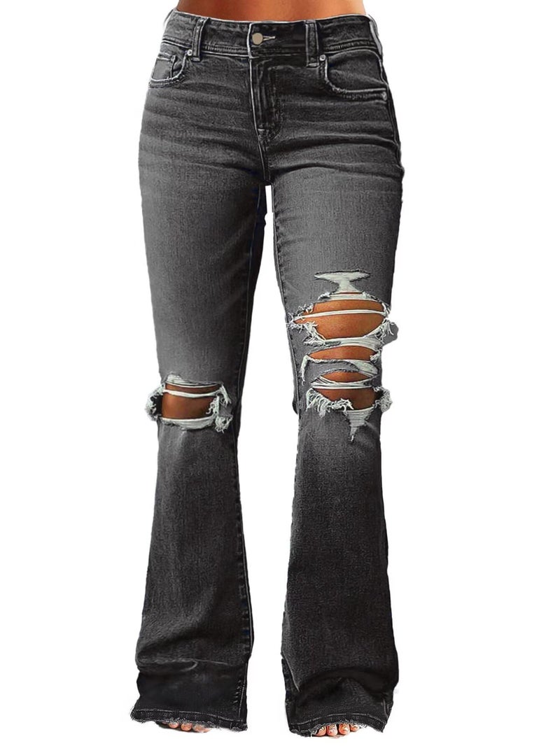 Flamingals Women's Bell Bottom Jeans Flared Ripped Stretchy Mid Rise Cut Out Distressed Denim Bootcut Jeans Black Wash S - Image 1