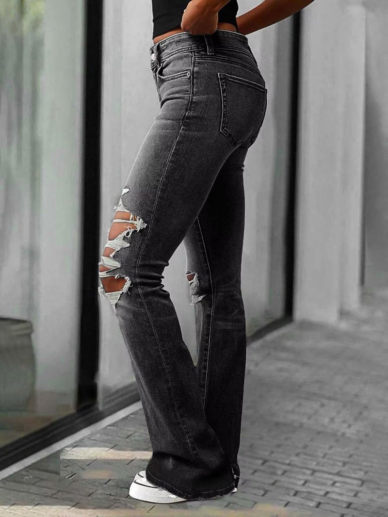 Flamingals Women's Bell Bottom Jeans Flared Ripped Stretchy Mid Rise Cut Out Distressed Denim Bootcut Jeans Black Wash S - Image 2