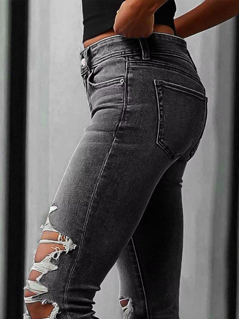 Flamingals Women's Bell Bottom Jeans Flared Ripped Stretchy Mid Rise Cut Out Distressed Denim Bootcut Jeans Black Wash S - Image 4