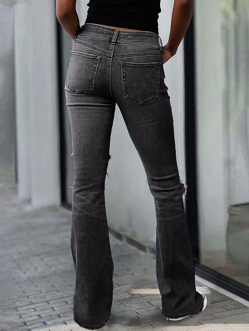 Flamingals Women's Bell Bottom Jeans Flared Ripped Stretchy Mid Rise Cut Out Distressed Denim Bootcut Jeans Black Wash S - Image 3