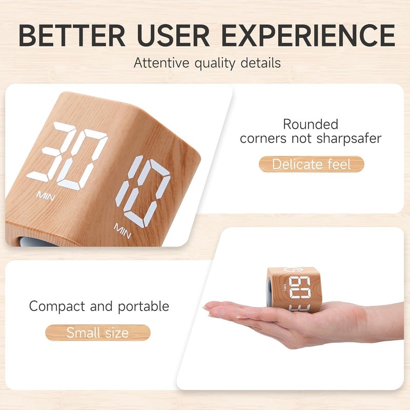 Exttlliy Productivity Timer 1, 5, 10, 30, 60 Minutes Preset, Desk Cube Timer with Gravity Sensor/Mute/Vibration for ADHD, Work, Study, Kitchen, Back to School (1, Wood Grain) - Image 4