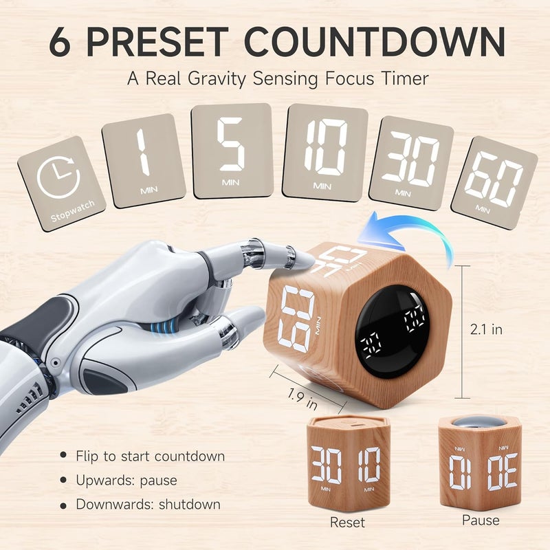 Exttlliy Productivity Timer 1, 5, 10, 30, 60 Minutes Preset, Desk Cube Timer with Gravity Sensor/Mute/Vibration for ADHD, Work, Study, Kitchen, Back to School (1, Wood Grain) - Image 2