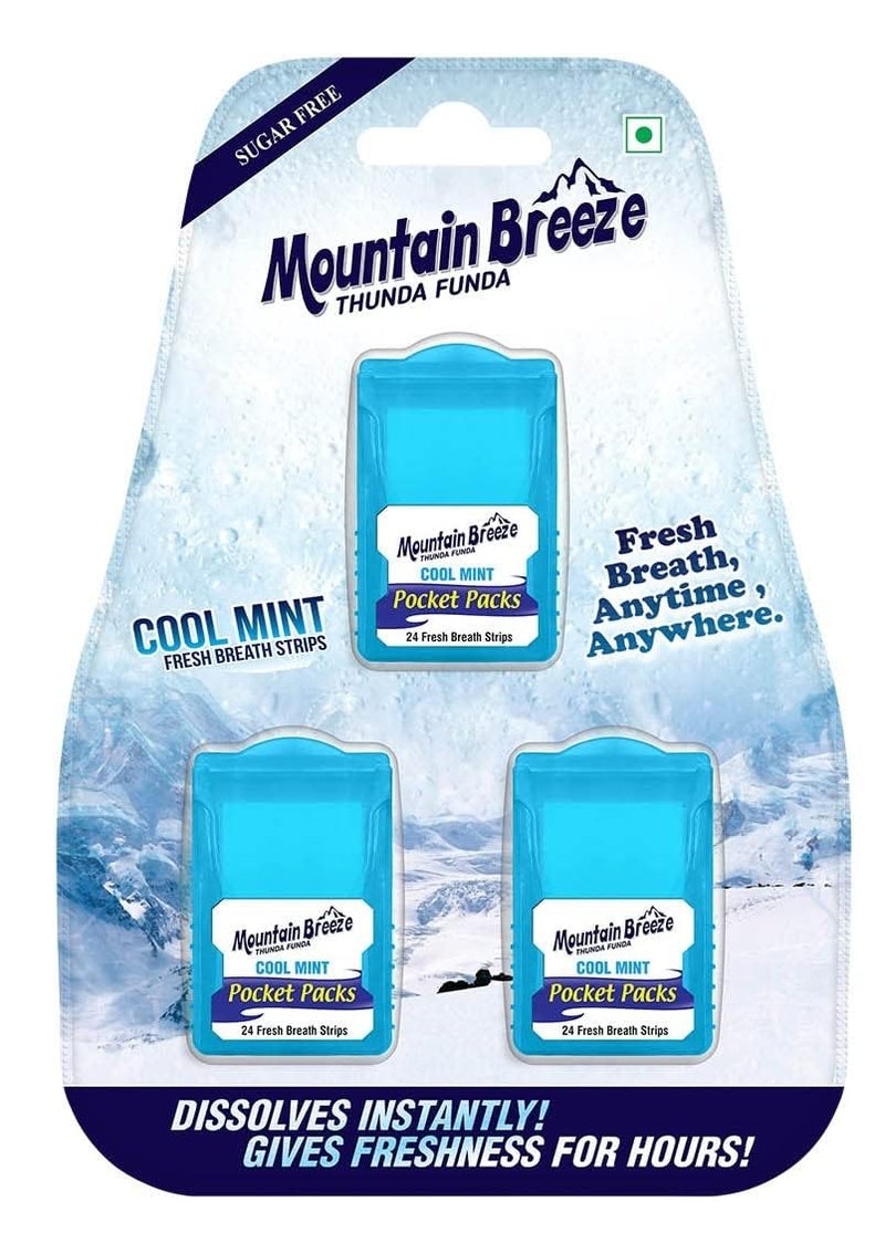 Mountain Breeze Oral Hygiene Mouth Freshener Sugar Free Cool Mint Flavoured Breath Strips (24 Strips Each Cassatte)-Pack of 1(3 Cassette) New - Image 1