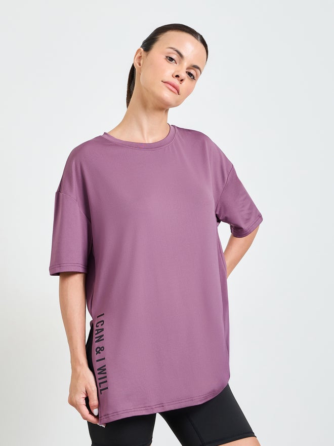 Styli Active Styli Pink Slogan Side Slit Detail Loose Yoga Fit Top - Image 1