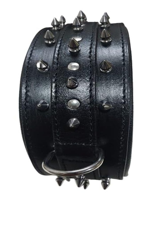 Dog Collar Genuine Leather 2 inch Big Size Medium & Large Black Color with Spike and Metal batan (Ten) - Image 2