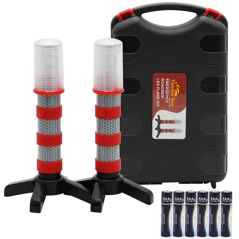 Twinkle Star Emergency Roadside Flares Kit LED Safety Strobe Road Warning Light Highway Beacon Alert Flare with Magnetic Base, Detachable Stand, Solid Storage Case (Set of 2) - Image 1