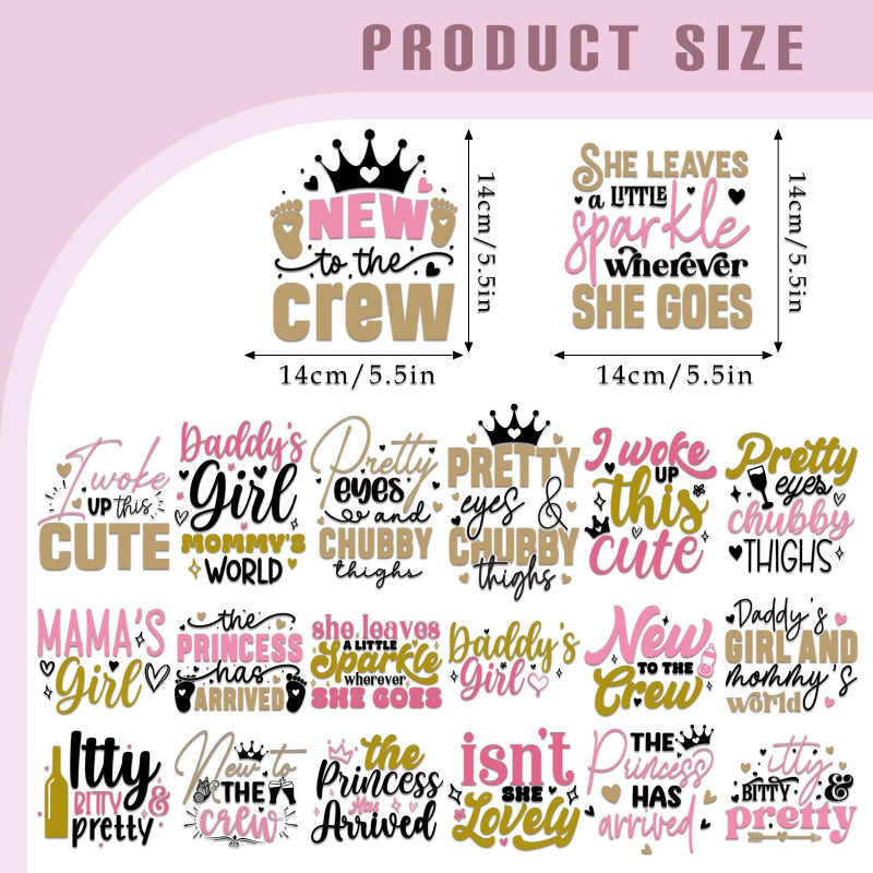 Dazoratix Baby Girl Iron on Transfers - 20 Sheets Cute Onesie Newborn Princess DTF Ready to Press Heat Patches Vinyl Stickers Decals for T Shirts Clothing Clothes Pillow Appliques DIY Craft Decoration - Image 2