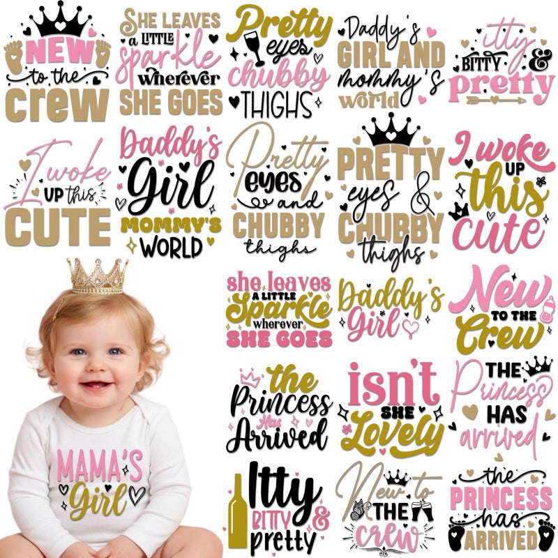 Dazoratix Baby Girl Iron on Transfers - 20 Sheets Cute Onesie Newborn Princess DTF Ready to Press Heat Patches Vinyl Stickers Decals for T Shirts Clothing Clothes Pillow Appliques DIY Craft Decoration - Image 1