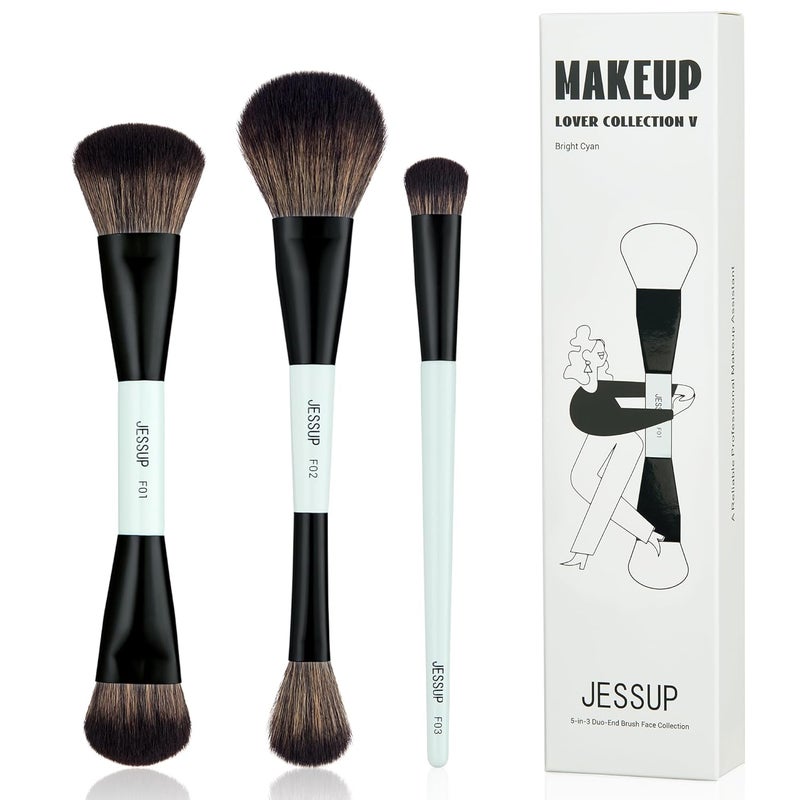 Jessup Jessup Face Makeup Brushes Blue 3pcs Double Ended Makeup Brush for Foundation Contour Blush Highlight and Concealer Brush, Premium Synthetic Brush Set T503