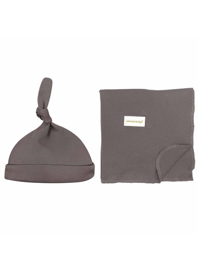 Miracle Baby 100% Cotton Knitted Baby Swaddle Blanket With Hat Set 35"X35" Newborn Swaddle Wrap Receiving Blankets Burping Cloth & Stroller Cover Perfect For Boys Girls (Dark Grey)  - Image 2