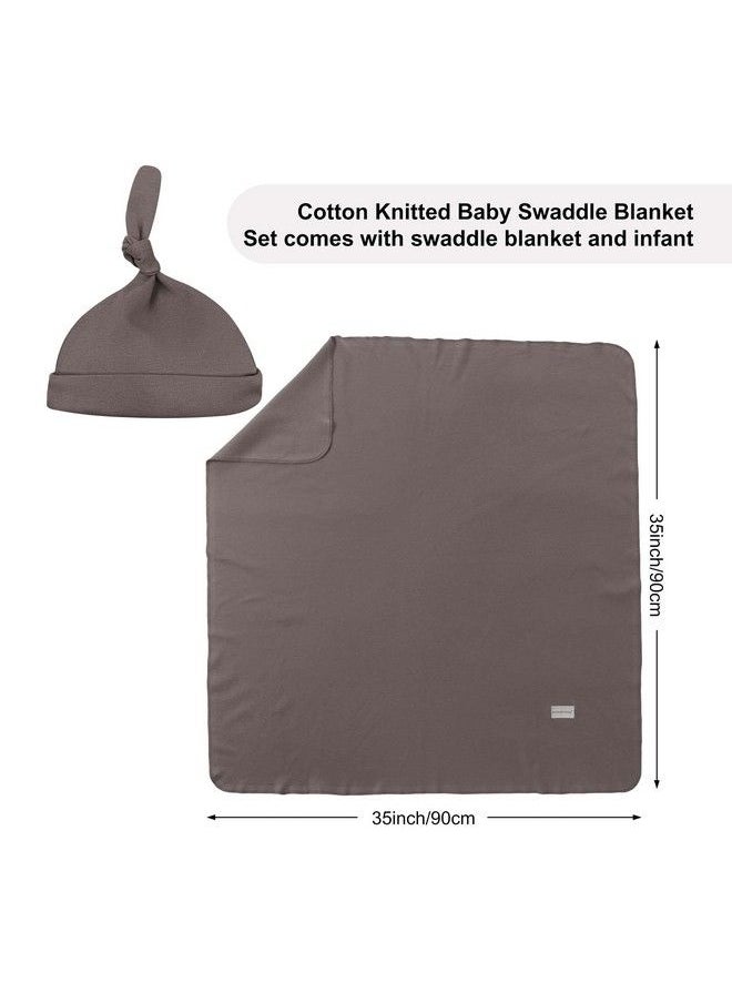 Miracle Baby 100% Cotton Knitted Baby Swaddle Blanket With Hat Set 35"X35" Newborn Swaddle Wrap Receiving Blankets Burping Cloth & Stroller Cover Perfect For Boys Girls (Dark Grey)  - Image 3