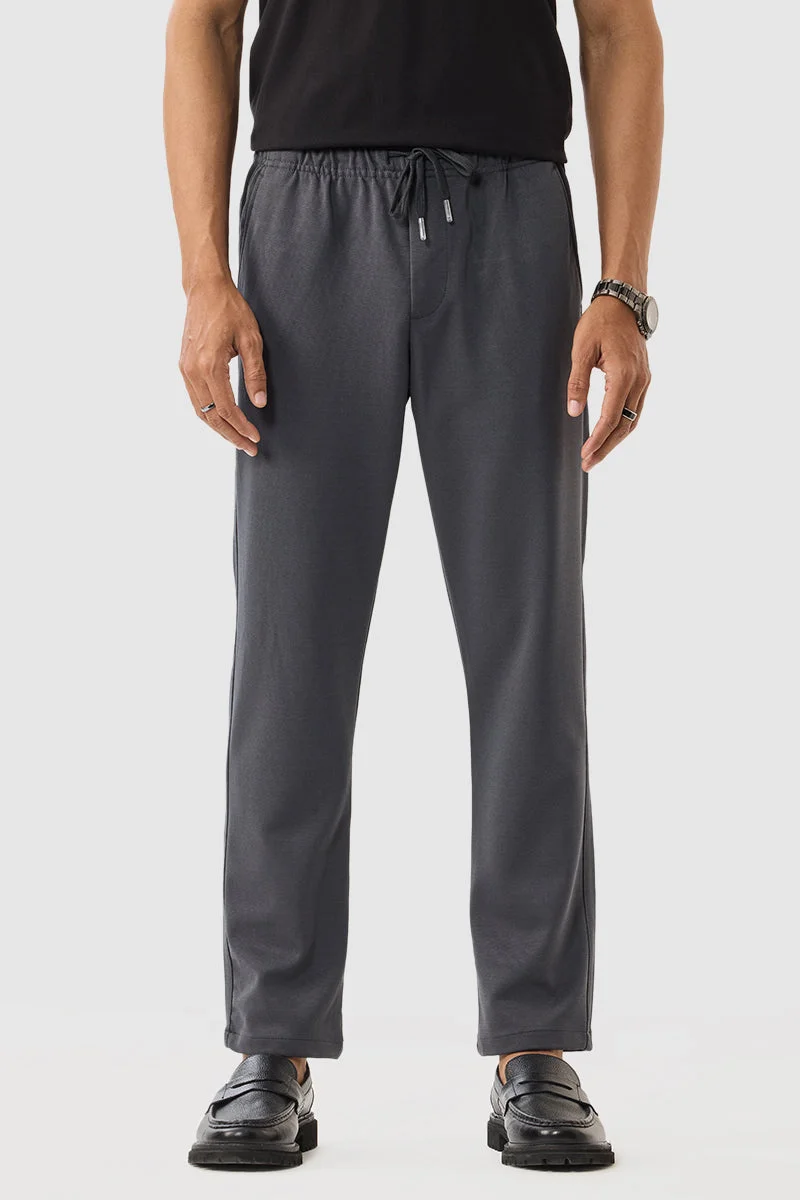 SNITCH Charcoal Grey Textured Slim Fit Casual Trousers