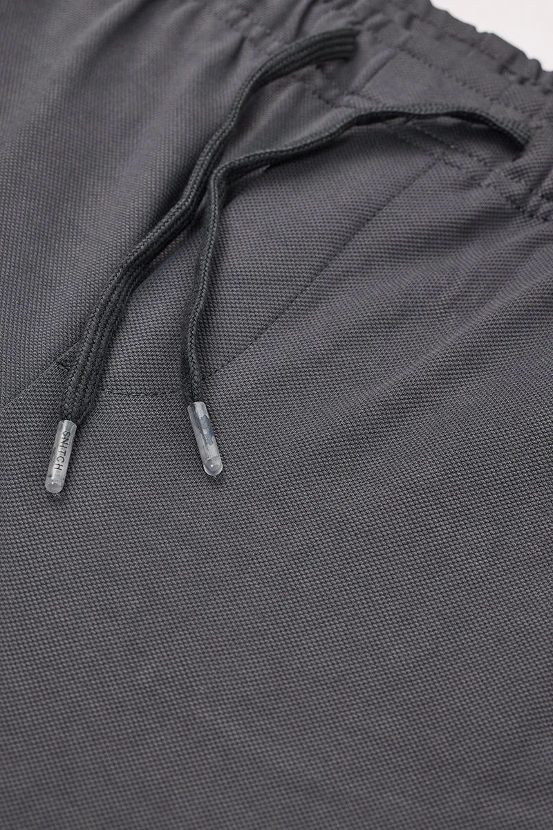 SNITCH Charcoal Grey Textured Slim Fit Casual Trousers