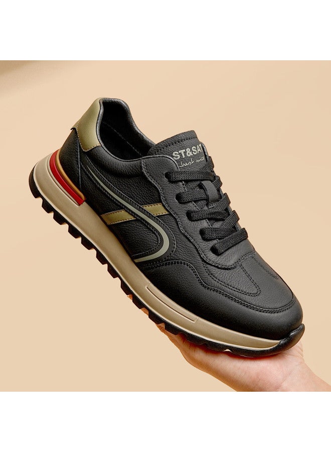 St&sat Men's Top Layer Leather Breathable White Shoes Men's Lightweight Sports Shoes All-match Casual Shoes Men Black Apricot Color 44 - Image 1