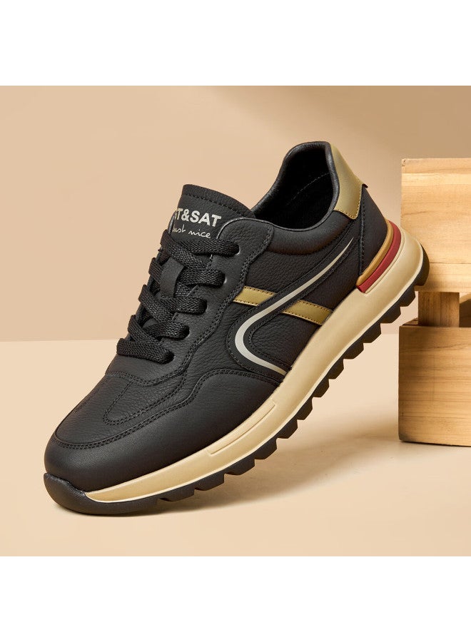 St&sat Men's Top Layer Leather Breathable White Shoes Men's Lightweight Sports Shoes All-match Casual Shoes Men Black Apricot Color 44 - Image 2