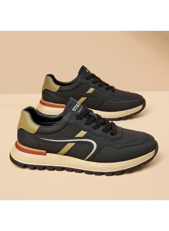 St&sat Men's Top Layer Leather Breathable White Shoes Men's Lightweight Sports Shoes All-match Casual Shoes Men Black Apricot Color 44 - Image 4