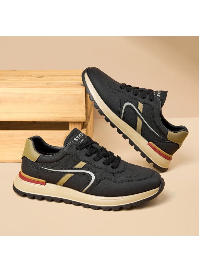 St&sat Men's Top Layer Leather Breathable White Shoes Men's Lightweight Sports Shoes All-match Casual Shoes Men Black Apricot Color 44 - Image 3