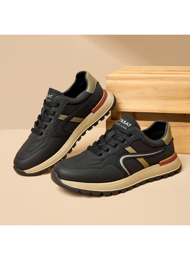 St&sat Men's Top Layer Leather Breathable White Shoes Men's Lightweight Sports Shoes All-match Casual Shoes Men Black Apricot Color 44 - Image 5