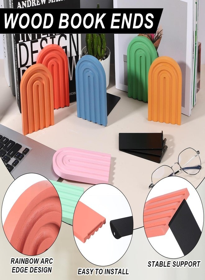 PATIKIL 4Pcs Boho Arch Bookends, Non-Skid Wood Book Ends Rainbow Wooden for Shelves Book Stopper Stand Cute for Holding Books Movie Home Office Library Decorative, Red/Yellow/Orange/Pink - Image 3
