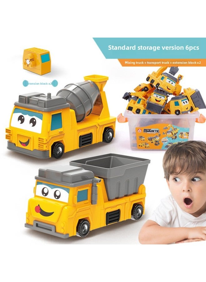 Children's Magnetic Assembling Car Toy Variety Engineering Car Educational Magnet Deformation Fit Robot Car-Color:XH8863 Magnetic Engineering Robot 6-piece Set [send Storage Bucket]]  - Image 1