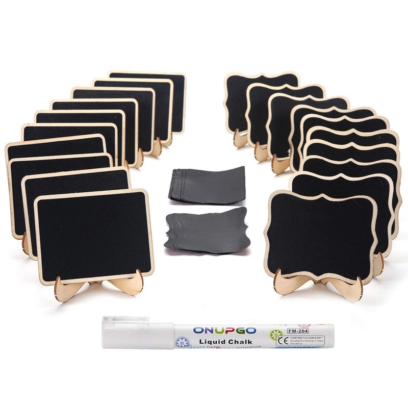 ONUPGO 20 Pack Mini Chalkboards Signs with 1 Liquid Chalk Marker Small Wooden Chalkboard Labels with Support Easels Place Cards Food Signs Blackboards for Table Numbers Weddings Party Decoration