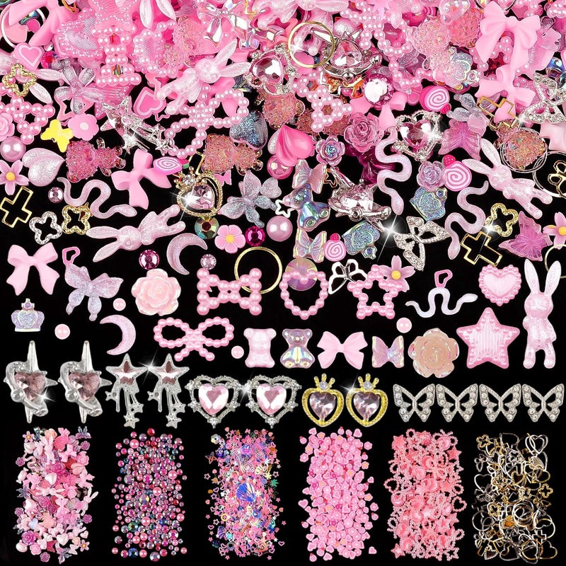 620pcs Mixed 3D Nail Charms Kit, 12pcs Luxury Metal Nail Rhinestones and 250pcs Resin Butterfly Flower Star Heart Bow Charms with 400pcs Flatback Pearls Rhinestone Metal Gems Charms (Pink)