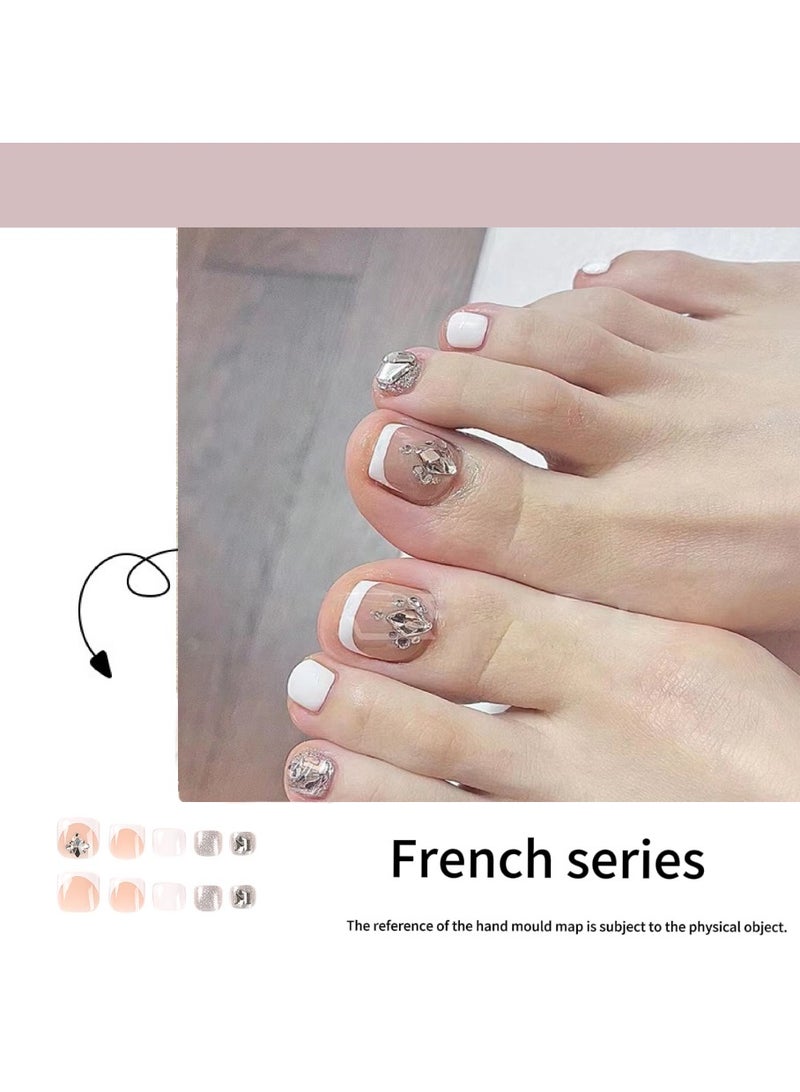 Captaintech Press On Foot Nails,Short French Press-On Foot Nails: White Edge, Rhinestone Detailing, Ready-To-Wear u0026 Removable.,Acrylic Nails With Glue Kit. - Image 2