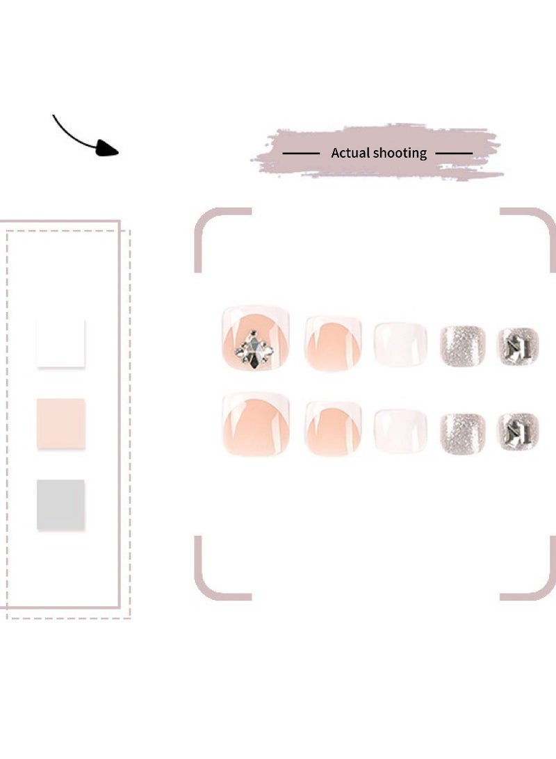 Captaintech Press On Foot Nails,Short French Press-On Foot Nails: White Edge, Rhinestone Detailing, Ready-To-Wear u0026 Removable.,Acrylic Nails With Glue Kit. - Image 3