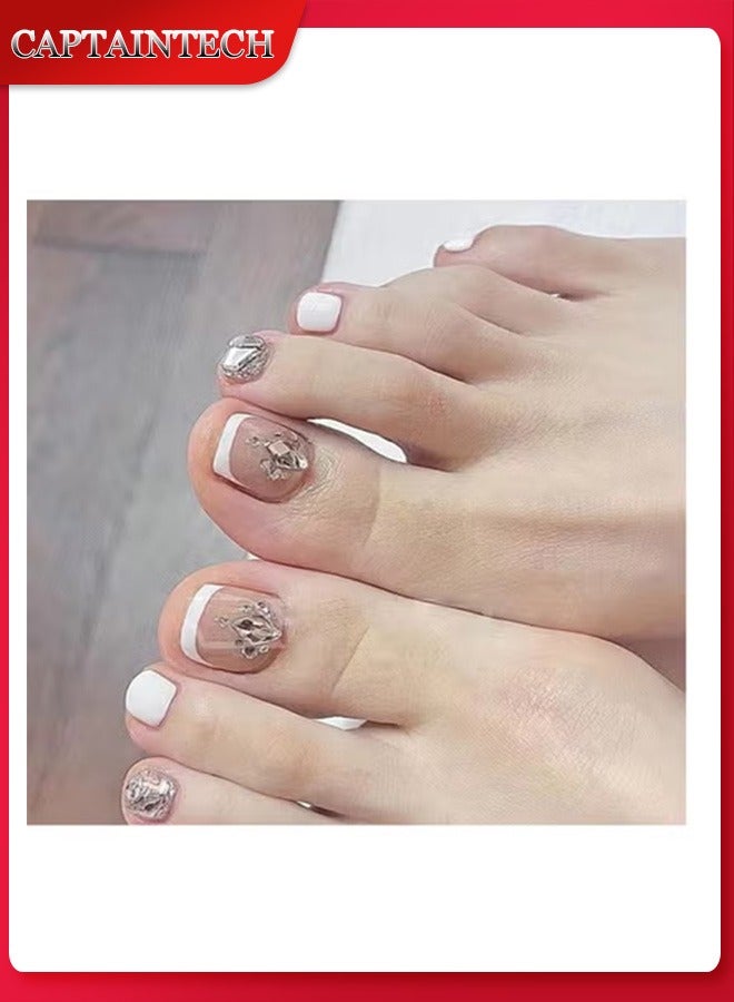 Captaintech Press On Foot Nails,Short French Press-On Foot Nails: White Edge, Rhinestone Detailing, Ready-To-Wear u0026 Removable.,Acrylic Nails With Glue Kit. - Image 1